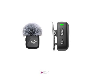 نمای جانبی و روبرو از فرستنده DJI MIC Mini همراه با بادگیر میکروفون