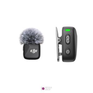 نمای جانبی و روبرو از فرستنده DJI MIC Mini همراه با بادگیر میکروفون