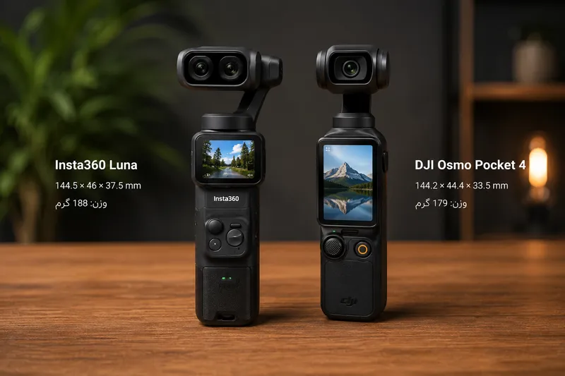 مقایسه اندازه و طراحی دوربین گیمبال‌دار Insta360 Luna با رقیب خود DJI Osmo Pocket 4