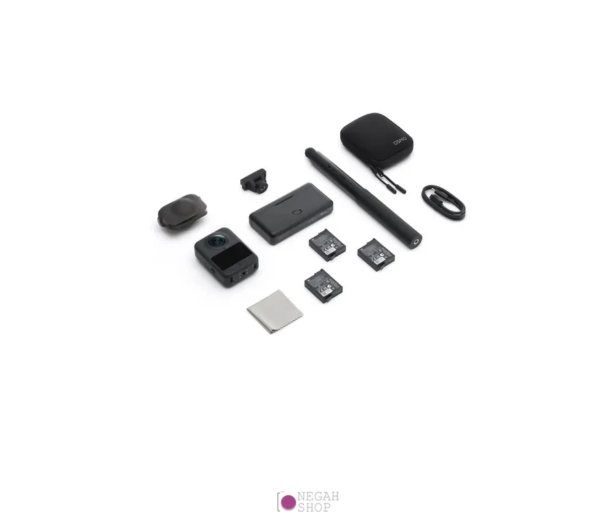 دوربین ورزشی ۳۶۰ درجه دیجیآی DJI Osmo 360 Adventure Combo — ویدیوی 8K با سنسور ۱ اینچ 5 محتویات جعبه نسخه Adventure Combo دوربین DJI Osmo 360 شامل ۳ باتری، کیس شارژ و سلفیاستیک
