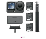 محتویات نسخه Adventure Combo دوربین DJI Osmo Action 6 شامل ۳ باتری، کیس شارژ و مونوپاد ۱.۵ متری
