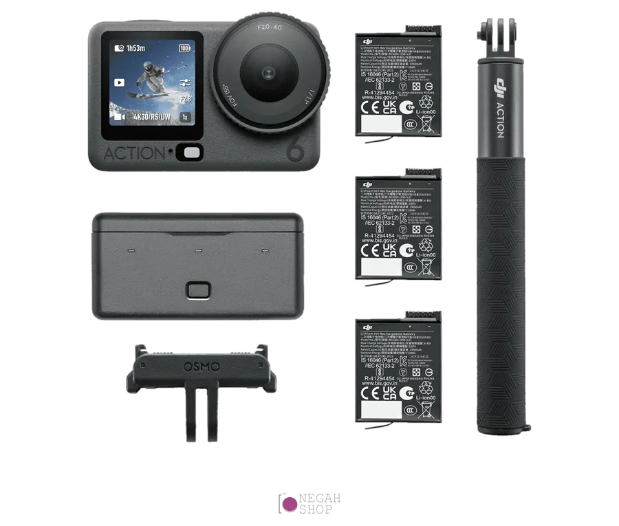 دوربین اکشن DJI Osmo Action 6 Adventure Combo 1 محتویات نسخه Adventure Combo دوربین DJI Osmo Action 6 شامل ۳ باتری، کیس شارژ و مونوپاد ۱.۵ متری