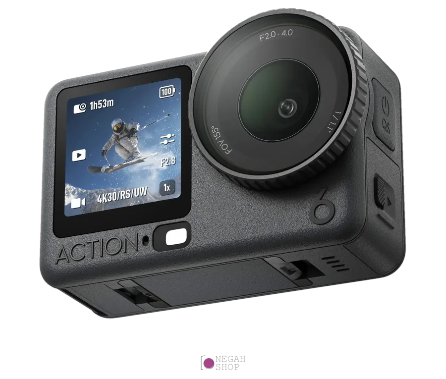 دوربین اکشن DJI Osmo Action 6 Adventure Combo 6 دوربین اکشن DJI Osmo Action 6 نمای زاویهدار با مانت کوییکریلیز