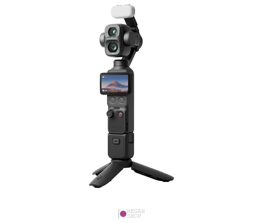 دوربین جیبی دو لنزی DJI Osmo Pocket 4P Vlog Combo 1 دوربین DJI Osmo Pocket 4P همراه نور کمکی، دسته رزوهدار و سهپایه مینی در نسخه ولاگ