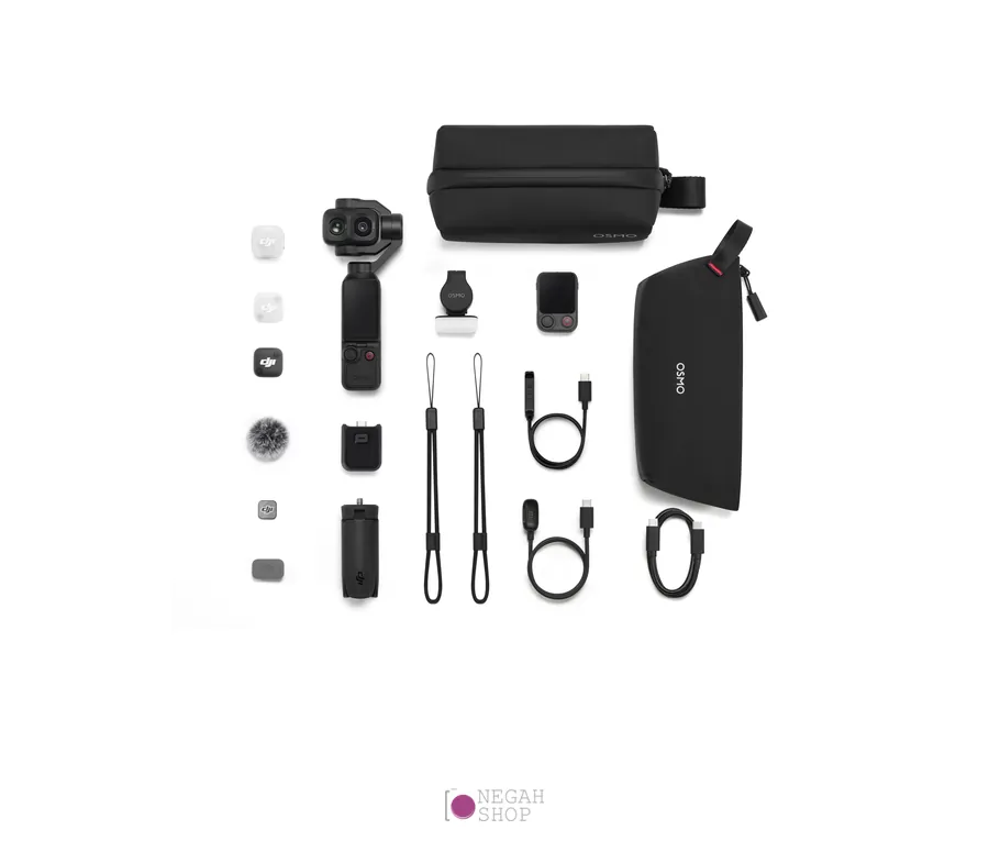 دوربین جیبی دو لنزی DJI Osmo Pocket 4P Vlog Combo 5 محتویات جعبه نسخه Vlog Combo دوربین DJI Osmo Pocket 4P شامل میکروفون DJI Mic Mini 2 و کنترلر Osmo FrameTap