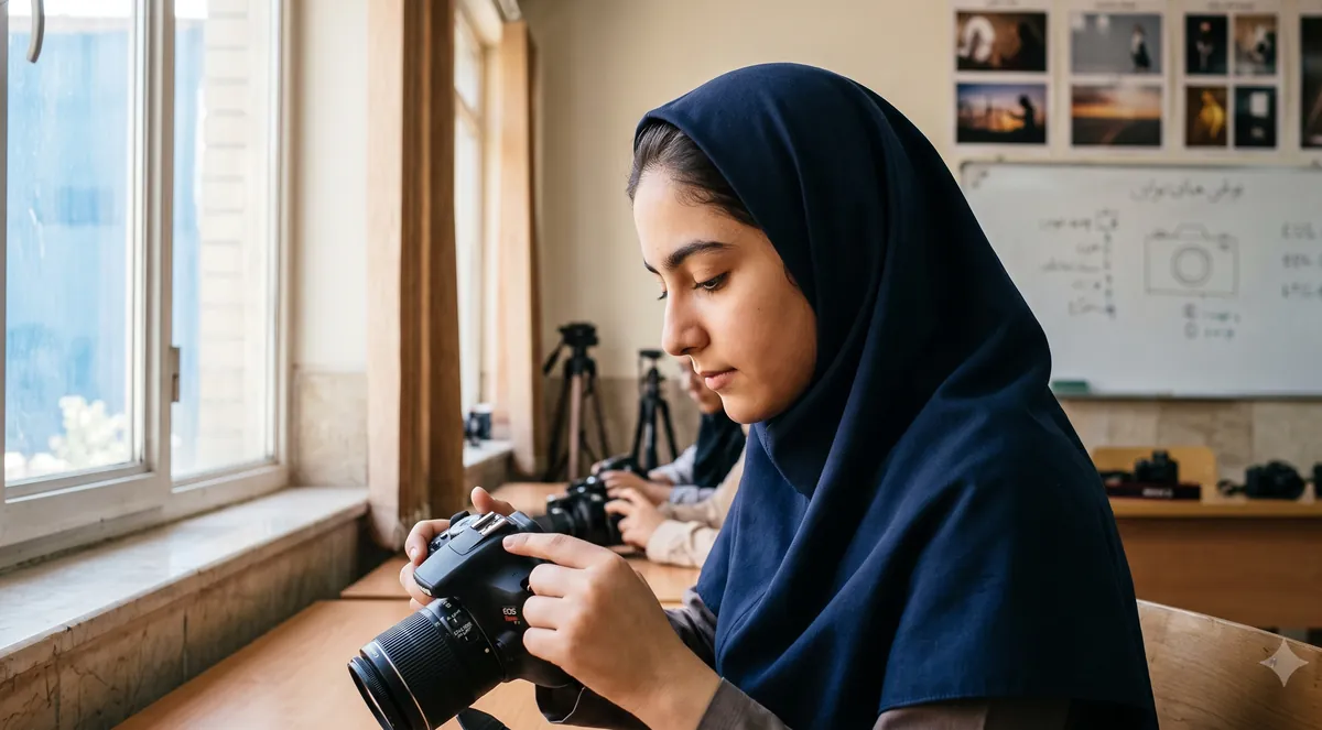 رشته عکاسی در هنرستان چقدر هزینه دارد؟ راهنمای جامع خانوادهها برای خرید دوربین 2 هنرجوی هنرستان در حال تمرین با دوربین دیجیتال در کلاس عکاسی