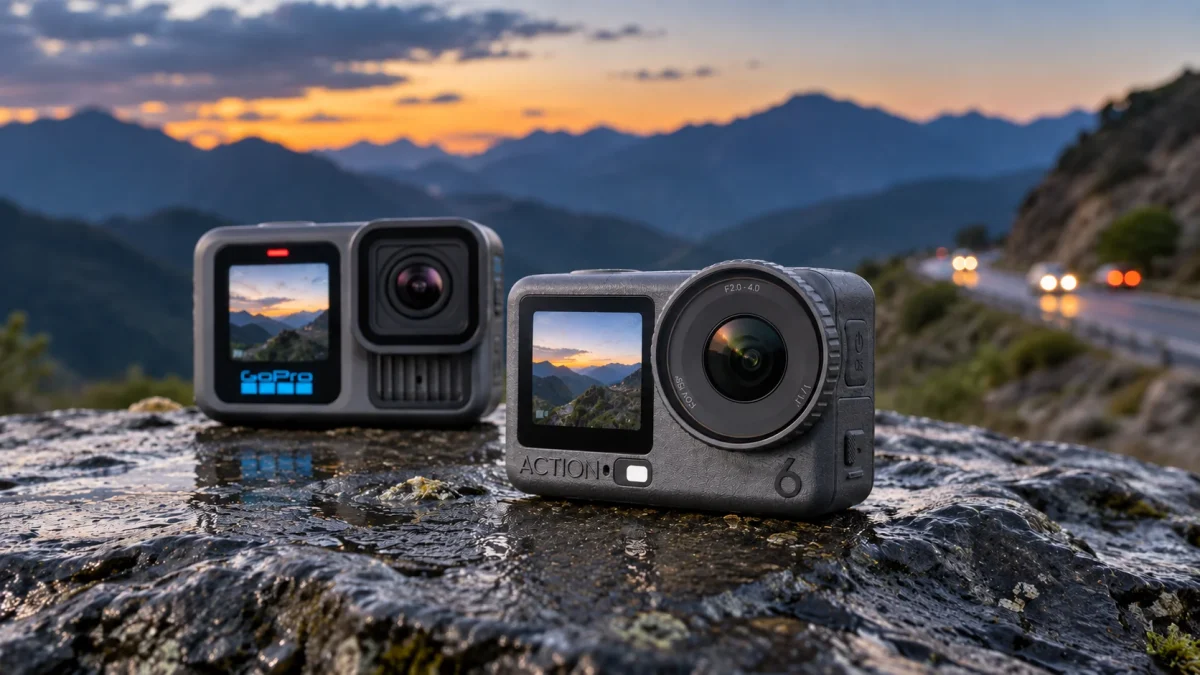 مرگ گوپرو با اسمو اکشن ۶، دوربین DJI Osmo Action 6 جلوتر از GoPro HERO13 Black کنار جاده کوهستانی
