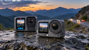 مرگ گوپرو با اسمو اکشن ۶، دوربین DJI Osmo Action 6 جلوتر از GoPro HERO13 Black کنار جاده کوهستانی