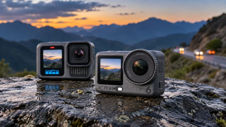 مرگ GoPro؛ چگونه DJI Osmo Action 6 پادشاهی گوپرو را تمام کرد؟ 1 مرگ گوپرو با اسمو اکشن ۶، دوربین DJI Osmo Action 6 جلوتر از GoPro HERO13 Black کنار جاده کوهستانی