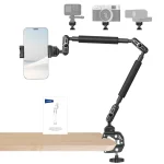 هولدر بازویی موبایل نیوور UA057 با گیره Super Clamp روی لبه میز و گوشی روی هولدر