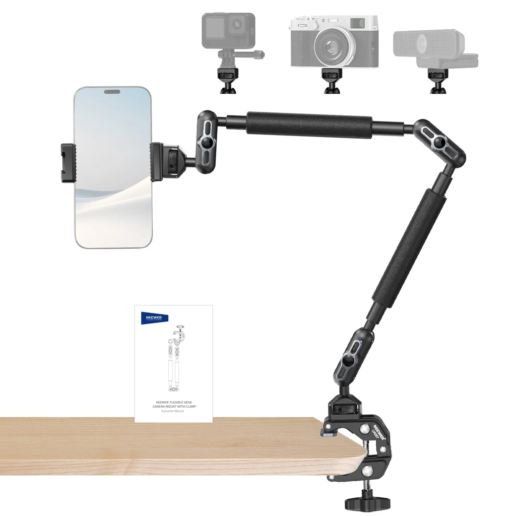 neewer-ua057-01-hero هولدر بازویی موبایل نیوور UA057 با گیره Super Clamp روی لبه میز و گوشی روی هولدر