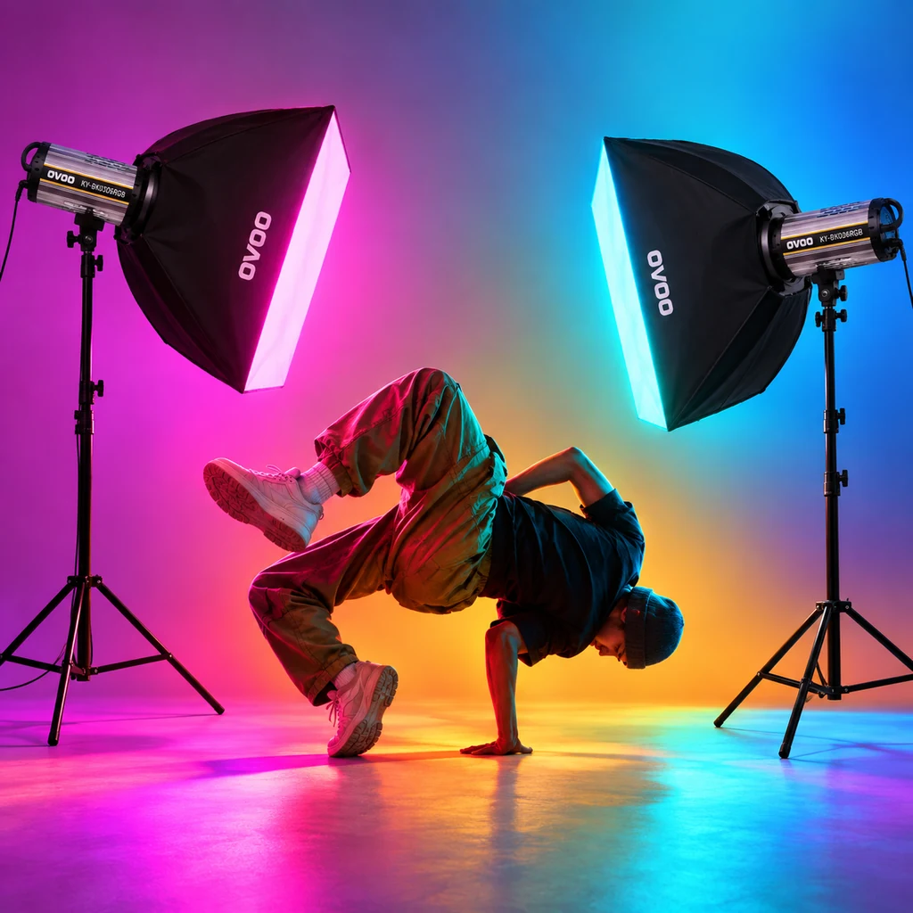 نور ثابت RGB 0-360 اوو OVOO KY-BK0306RGB توان ۱۰۰ وات 1 استفاده از دو نور ثابت RGB اوو OVOO KY-BK0306RGB برای نورپردازی رنگی اجرای رقص