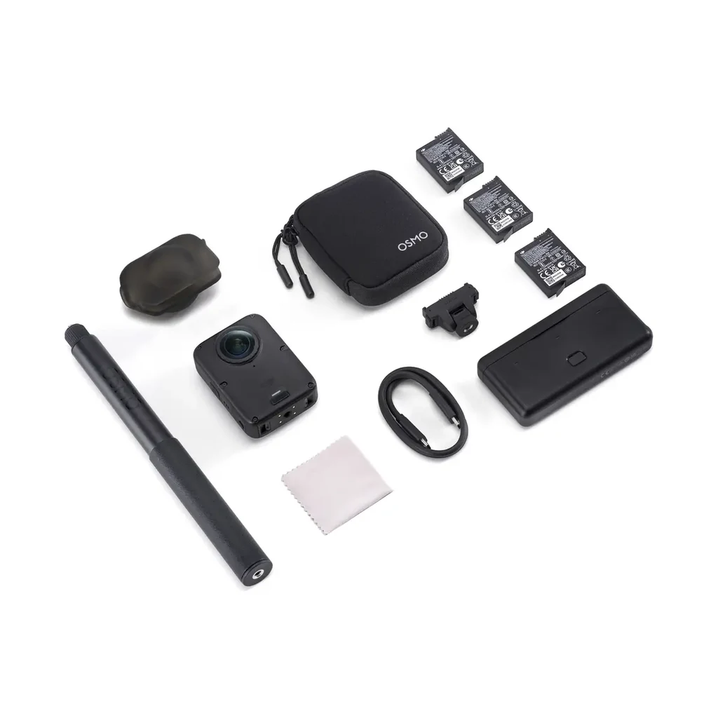 محتویات کیت DJI Osmo 360 II Adventure Combo اقلام کیت DJI Osmo 360 II Adventure Combo شامل دوربین، سه باتری، کیس شارژ، مونوپاد نامرئی و پایه اتصال سریع