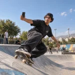 اسکیتبردسوار در حال حرکت در اسکیتپارک با دوربین دستی DJI Osmo 360 II