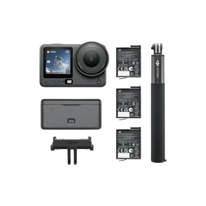 محتویات نسخه Adventure Combo دوربین DJI Osmo Action 6 شامل ۳ باتری، کیس شارژ و مونوپاد ۱.۵ متری