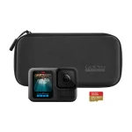 نمای اقلام بسته رسمی GoPro HERO13 شامل دوربین، کارت حافظه سن‌دیسک و کیف حمل