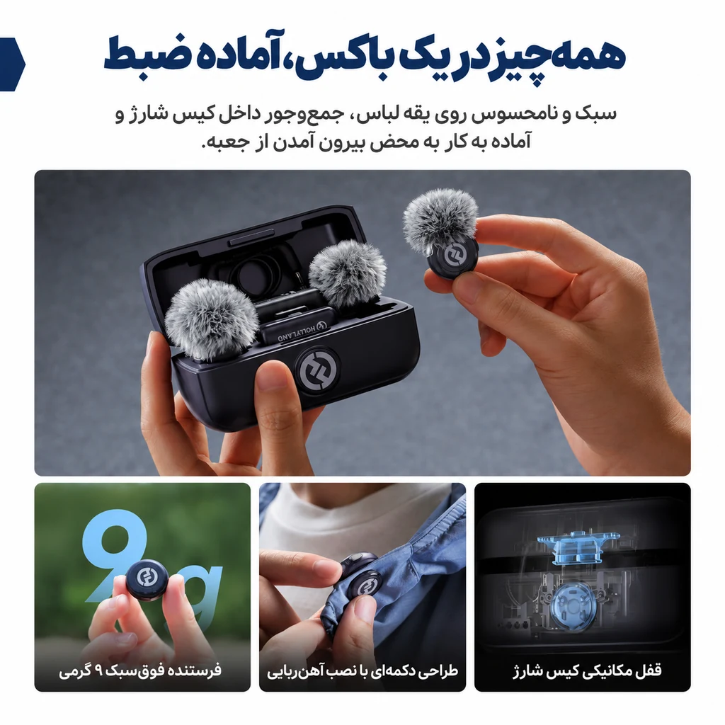 میکروفون یقه ای بی سیم هالی لند Hollyland Lark M3 کمبو 10 کیس شارژ قفلدار و فرستنده ۹ گرمی میکروفون هالی لند Lark M3