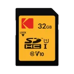 نمای جلوی کارت حافظه SD کداک Kodak Premium Performance ظرفیت 32 گیگابایت با نشان‌های Class 10، U1 و V10