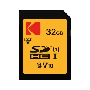نمای جلوی کارت حافظه SD کداک Kodak Premium Performance ظرفیت 32 گیگابایت با نشان‌های Class 10، U1 و V10